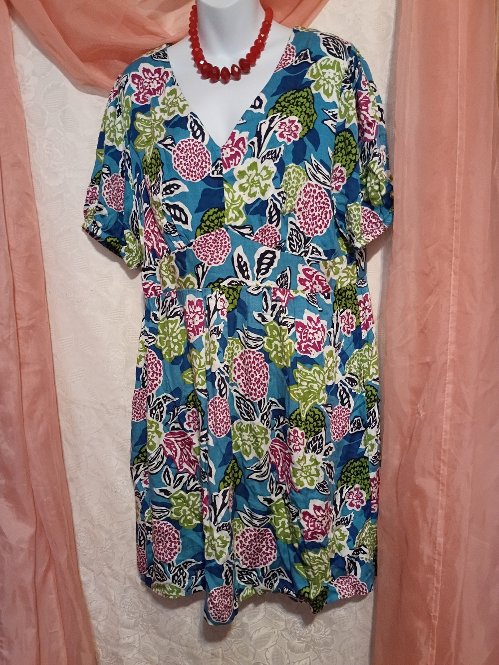 AnyBody Ladies Blue Floral V-Neck Dress with Pink and Green Accents Sz M